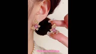 Elegant Pink Butterfly Earrings Sparkle Grace In Every Detail