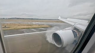 Lufthansa Airbus A330-300 landing into a rainy Seattle