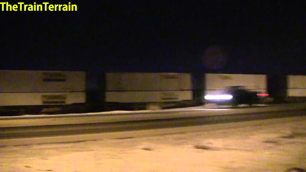 Trains 2013 - HD Four BNSF Engines Scream From A Stop Through Crossing - Double Stack Freight Train