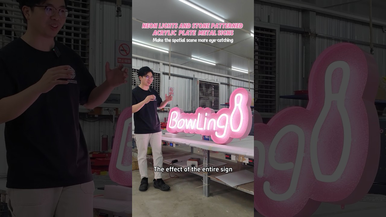 Neon lights and stone patterned acrylic plate metal signs 