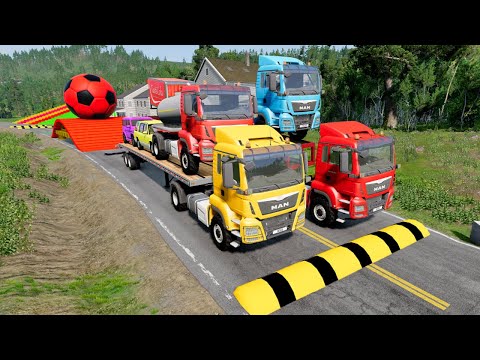 Double Flatbed Trailer Truck vs Speedbumps Train vs Cars | Tractor vs Train Beamng.Drive 01