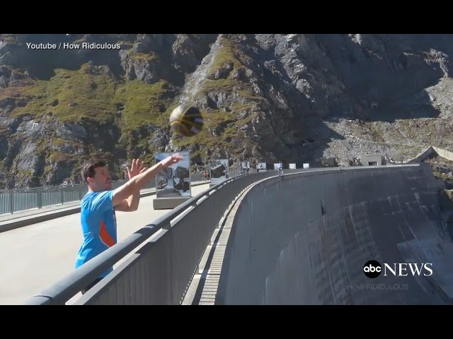 Dude Perfect Beat: New Highest Basketball Shot Made off Dam class=