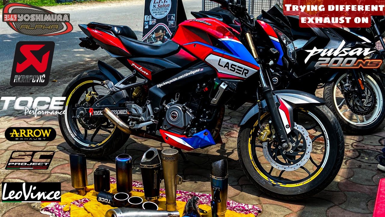 Trying different exhaust on my bajaj pulsar ns200 akrapovic yoshimura sc project arrow etc