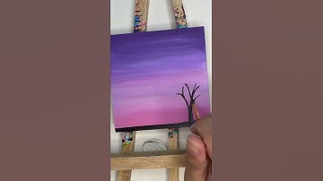 Mini acrylic painting on wooden board purple, pink scenery