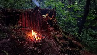 Building a bushcraft shelter with scrap wood in nature, at the base of an old decayed tree.#shelter