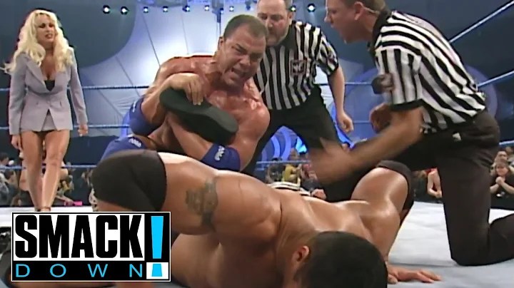 The Rock w/ Debra Vs Chris Benoit & Kurt Angle (Vince McMahon on Commentary) Part 2 - SMACKDOWN!