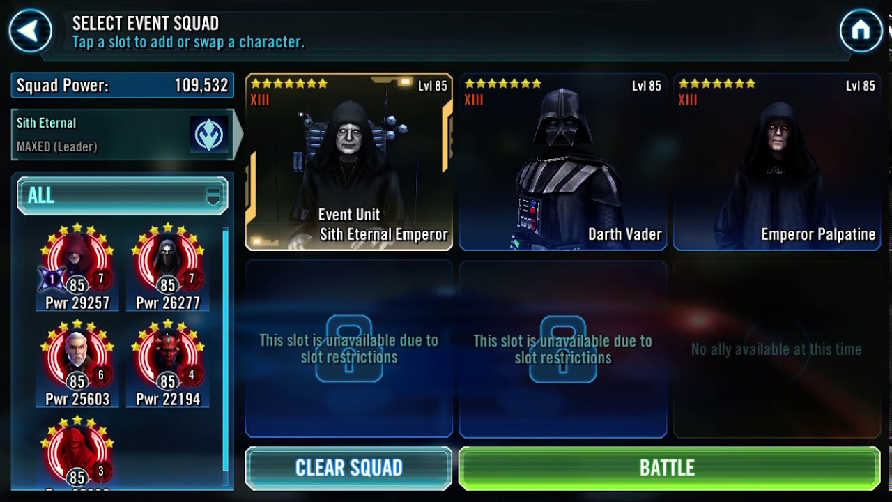 Tier VI Sith Eternal Emperor Palpatine Easy Win! - SWGOH
