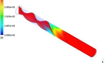 CFD analysis - Volume rendering of heat transfer in a twisted tape heat exchanger.