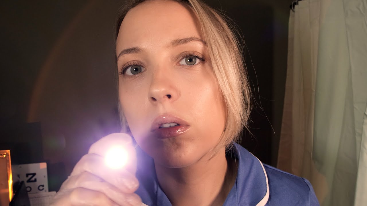 ASMR E.R. Nurse Medical Exam Roleplay - Face, Ears, Eyes, Body, Focus Tests, Cranial Nerves, Light