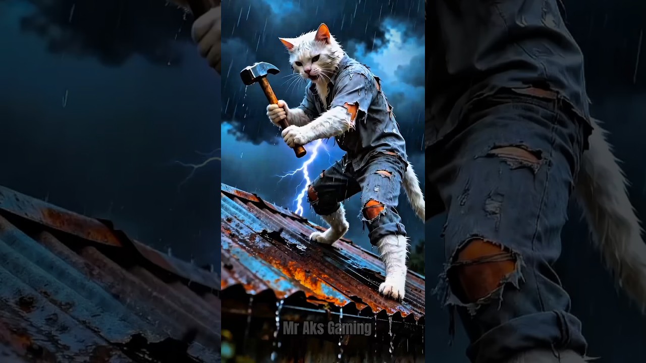 Baby cat do hard work and take care of her father 