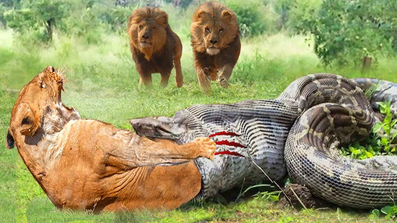 Download Terrible! Painful Lion Try To Scratch And Struggle But Could Not Escape Giant Python - Snake Vs Lion