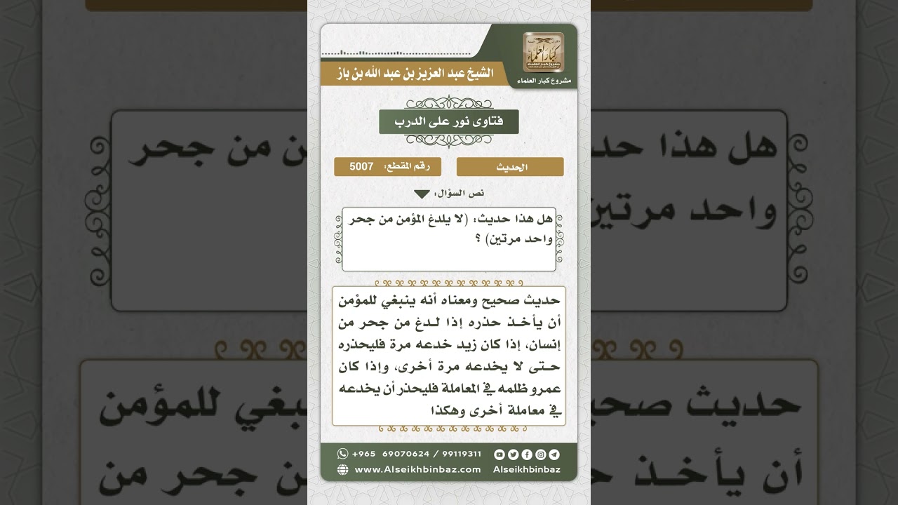 5007 - صحة حديث (لا يلدغ المؤمن من جحر واحد مرتين) - نور على الدرب