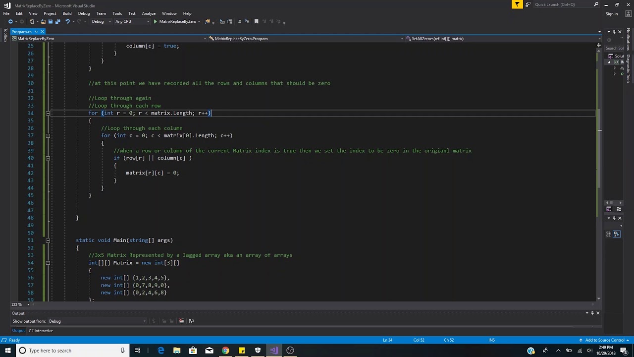 If an element in a NxM matrix is zero set its row and column to 0 in C# ...
