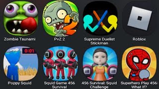 Zombie Tsunami, Plants vs Zombies 2, Supreme Duelist Stickman, Roblox, Poppy Squid, Squid Game 456