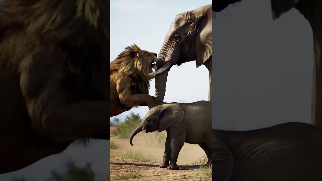 Mother Elephant Protects Baby from Lion Attack
