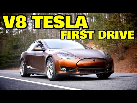 The world's first V8 powered Tesla hits the road!