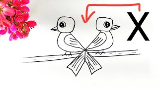 Love Birds Drawing From letter X || Beautiful Bird's 🐦 Simple Drawing