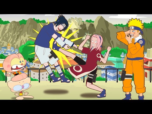 Mongo e Drongo com Naruto, Sasuke e Sakura em Konoha - desenho animado 