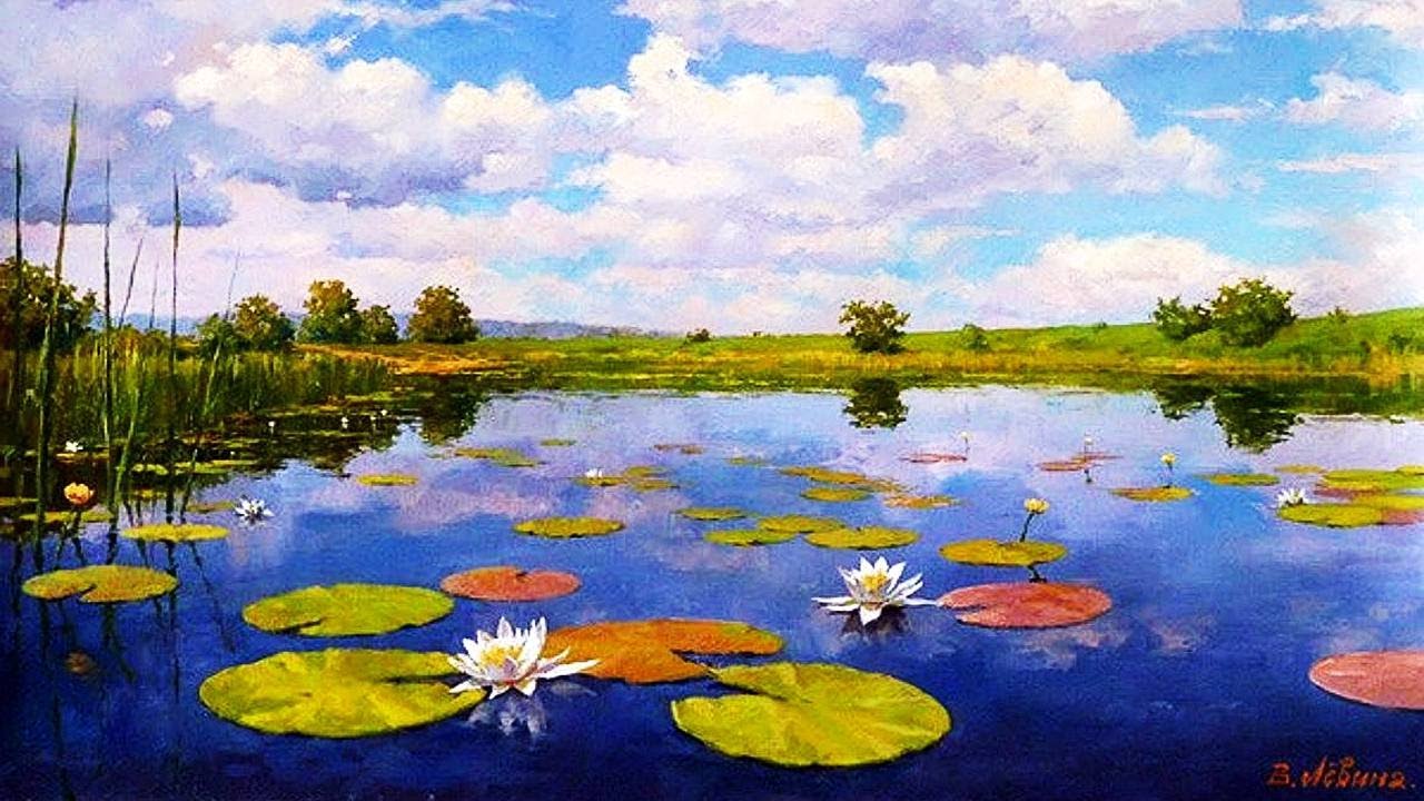 Пейзаж с водоемом рисунок