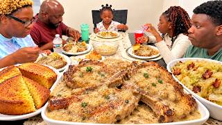 COUNTRY SMOTHERED PORK CHOPS 😋 , Cast Iron Cornbread & Cabbage | Family Mukbang