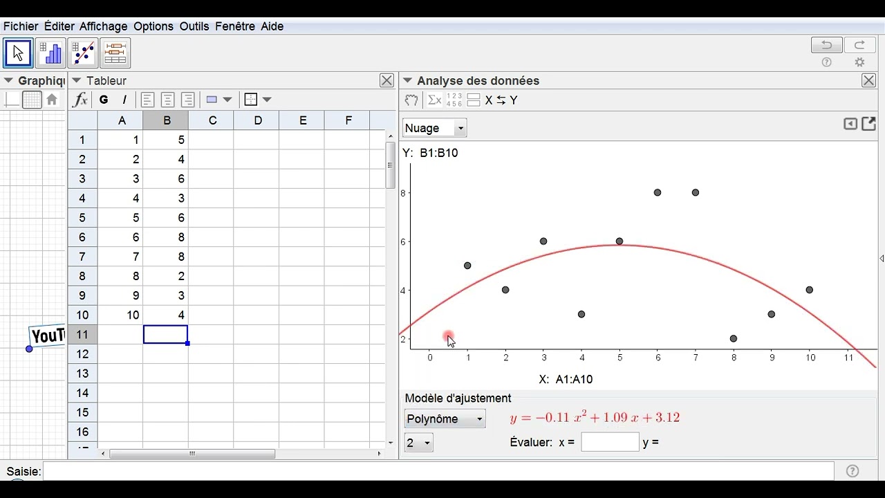 Statistique à deux variables sous GeoGebra : Nuage de points & ajustement