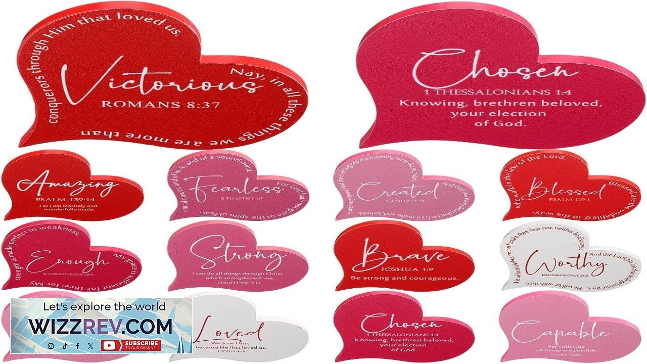 Yookeer 12 Pcs Christian Valentine's Day Decorations Heart Wooden Sign Bible Verse