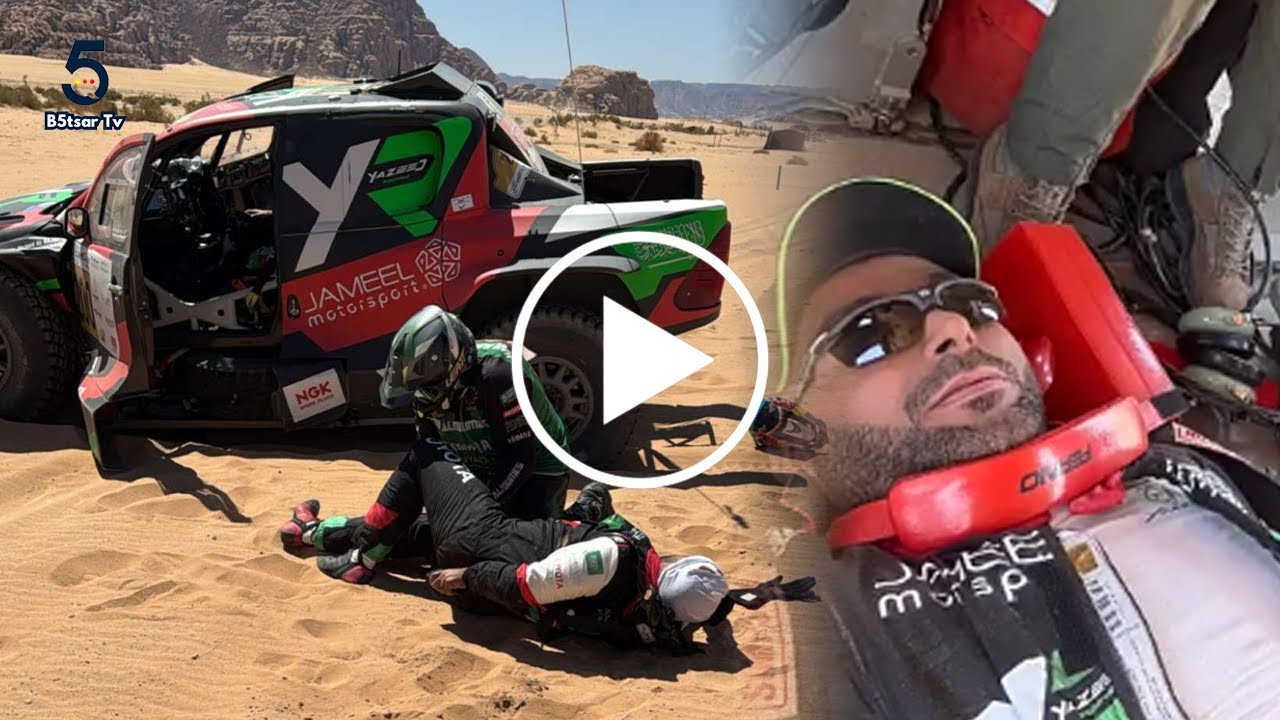 شاهد الفيديو الكامل لحظة تعرض يزيد الراجحي لحادث مروع خلال مشاركته في رالي باها بالأردن 😱
