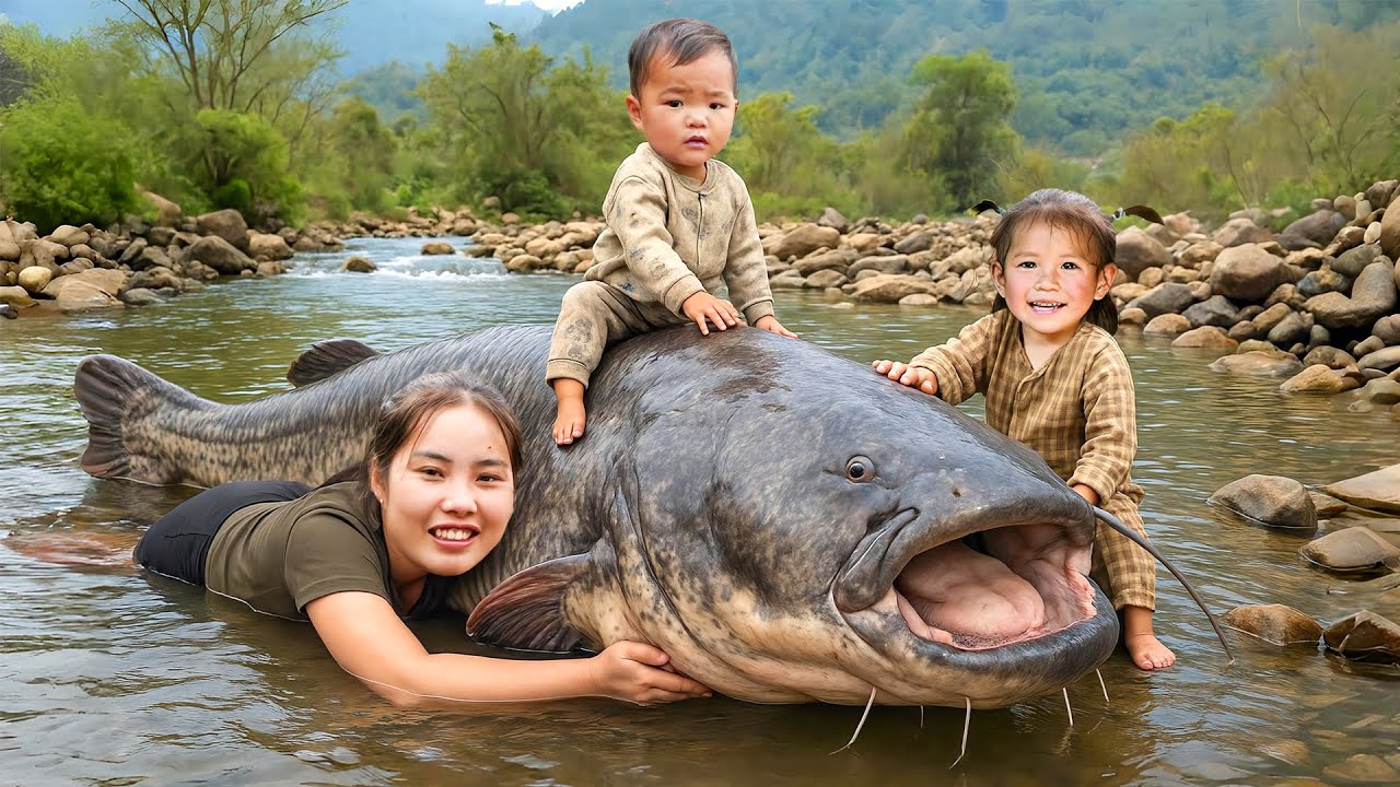 Catching a 250kg Monster Catfish & Giant Carp by Hand in the River to Sell at the Market