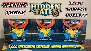 THREE HIDDEN FATES ELITE TRAINER BOX (ETB) Pokemon Card Opening!! + 1000 SUB GIVEAWAY WINNER!!