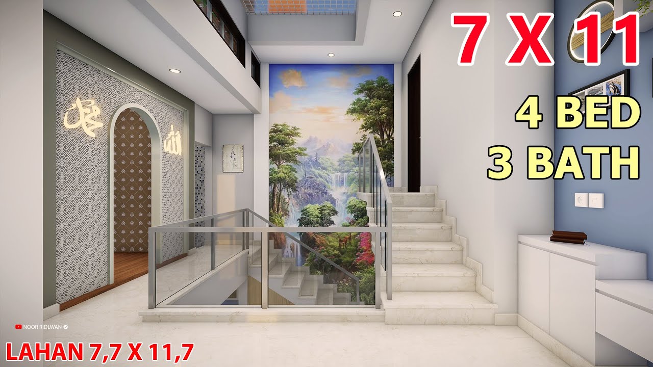 split level house design 7X11 Meter 4 Kamar 3 Toilet Mushola Rooftop Lahan 7,7x11,7 Meter