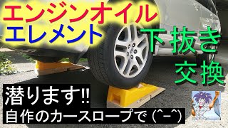 エンジンオイル＆エレメント交換！、潜って下抜き！。自作のカースロープで(^-^)