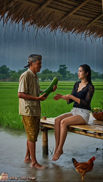 Beautiful Girl Relaxing in Nature While Grandpa Cuts Cucumber | Rain Sounds ASMR #Shorts