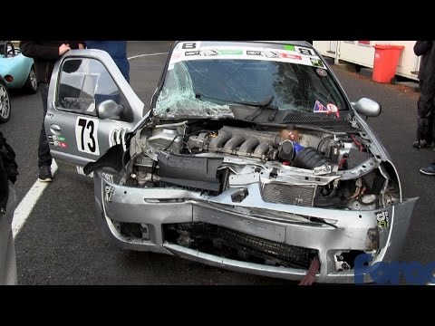 Cadwell Park Clio Pit wall crash HANS device