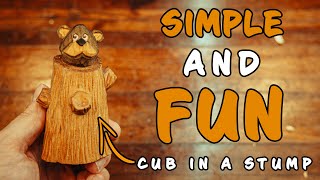 Great Beginner Wood Carving Project || Wood Carving a Bear in a Stump FULL TUTORIAL