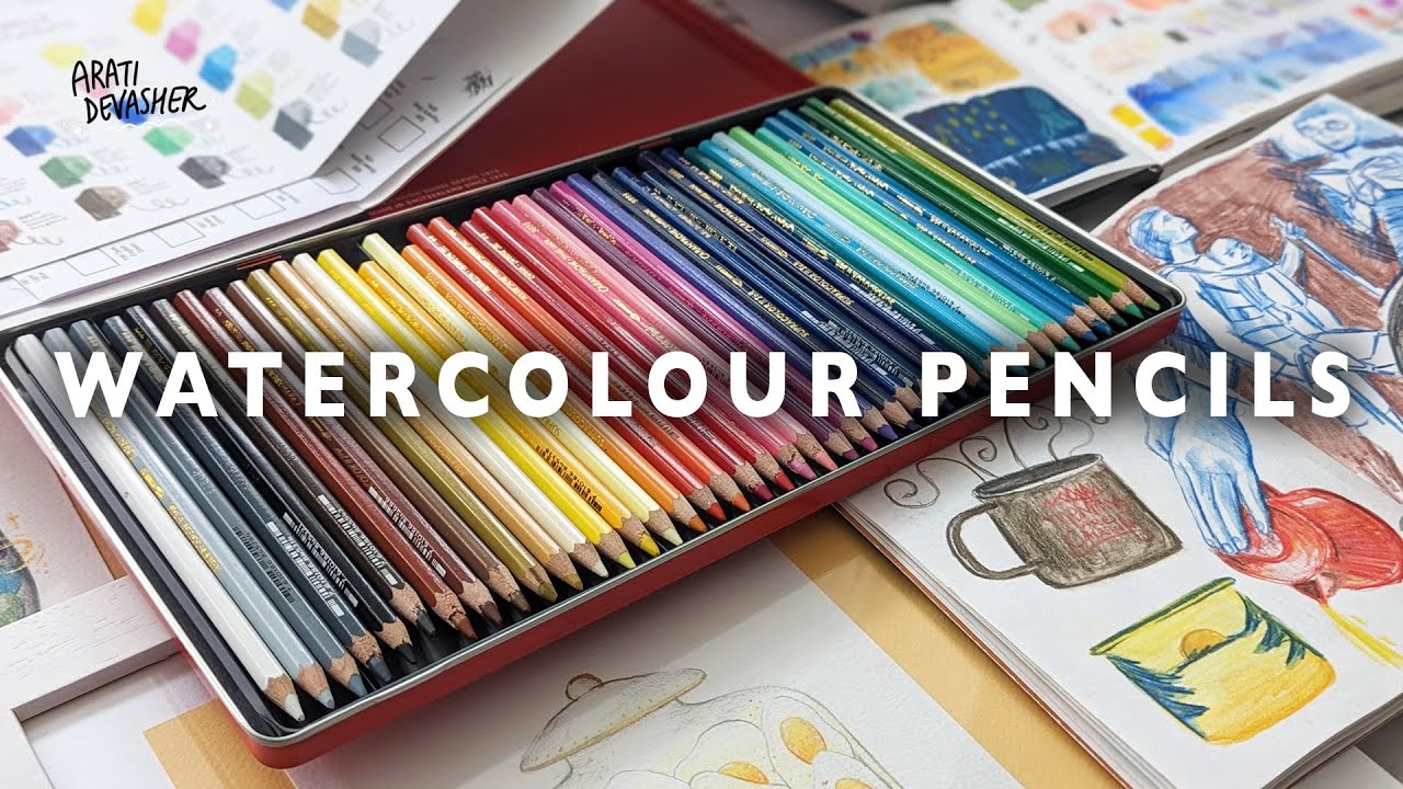 Caran D'Ache SUPRACOLOR WATERCOLOUR PENCILS swatches, sketchbook pages and  making watercolour art 