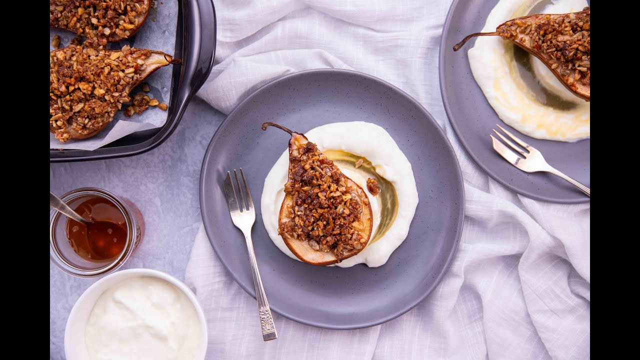 ‘Crumble’ Stuffed Pears With Honey Yoghurt