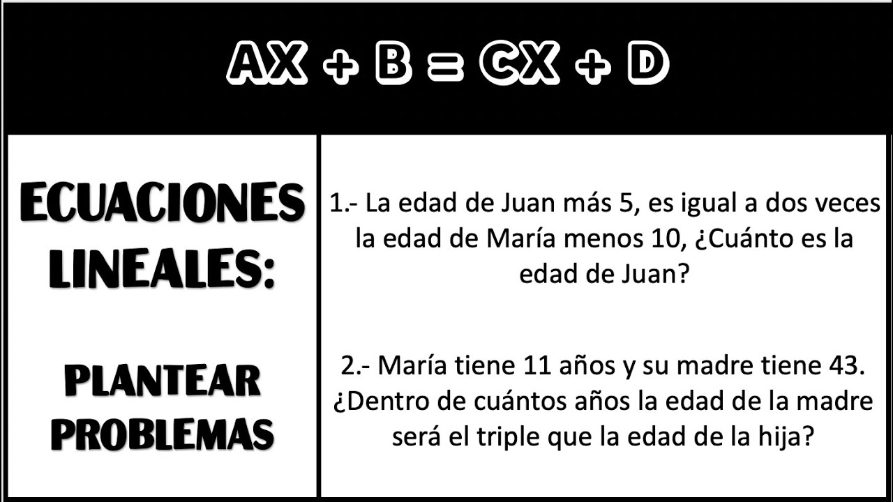 Ecuaciones lineales del tipo AX + B= CX + D 3 PROBLEMAS YouTube Ecuaciones lineales del tipo AX + B= CX + D 3 PROBLEMAS YouTube