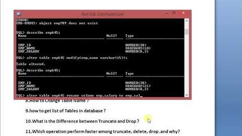 creating table and drop table and alter columns and their data types in oracle