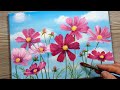 PINK COSMOS / EASY ACRYLIC FLOWER PAINTING / How To Step By Step For Beginners/ 10 Mins Art