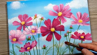 PINK COSMOS / EASY ACRYLIC FLOWER PAINTING / How To Step By Step For Beginners/ 10 Mins Art