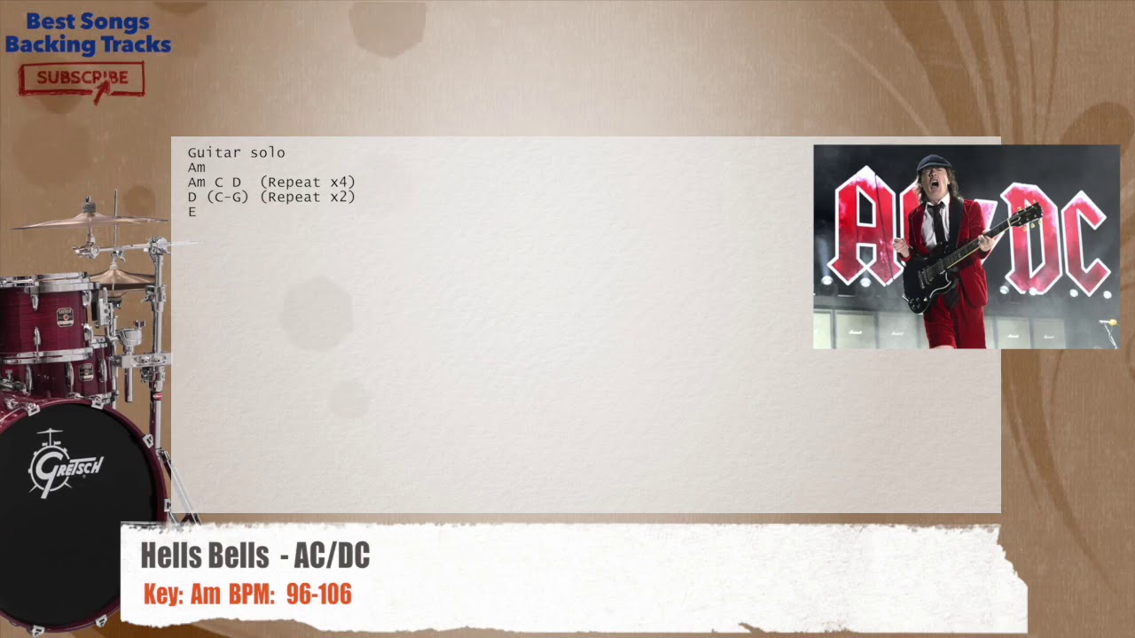 🥁 Hells Bells - AC/DC Drums Backing Track with chords and lyrics - YouTube