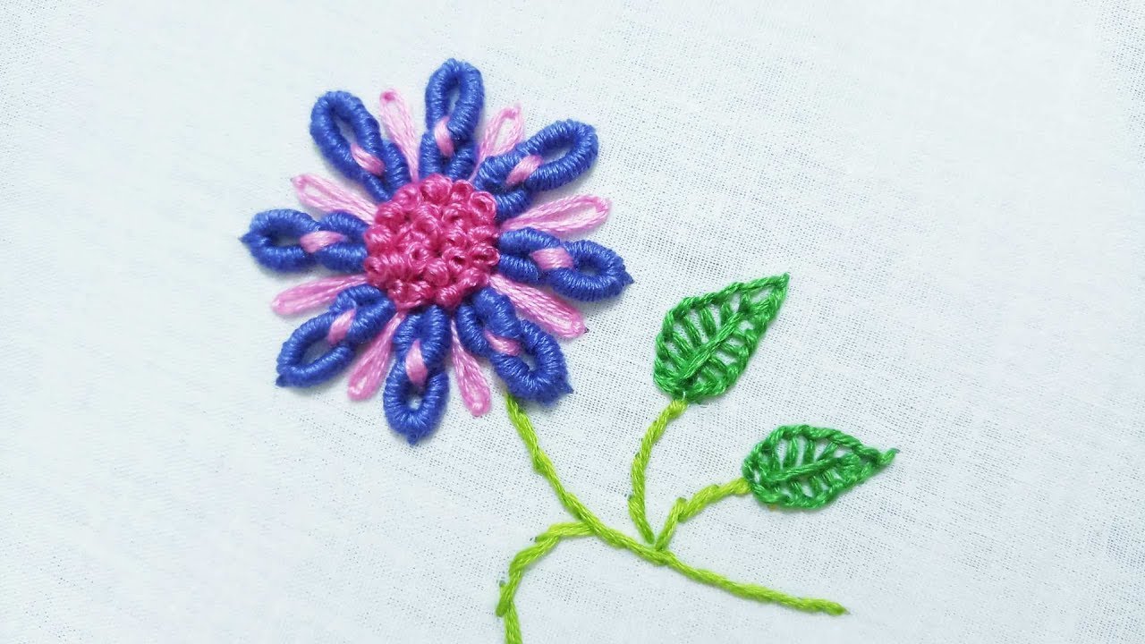 Hand embroidery of a flower with Twisted Bullion Stitch Loop - YouTube