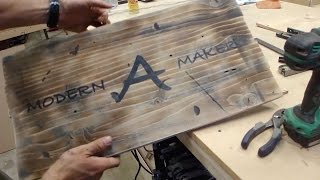 I used some more scrap wood to make a shop sign. I tried playing around with a few simple ways to make the wood look aged 