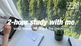 2-HOUR STUDY WITH ME 50/10 pomodoro 🔥🍃wind, leaves rustling, fireplace ambience, calm piano break