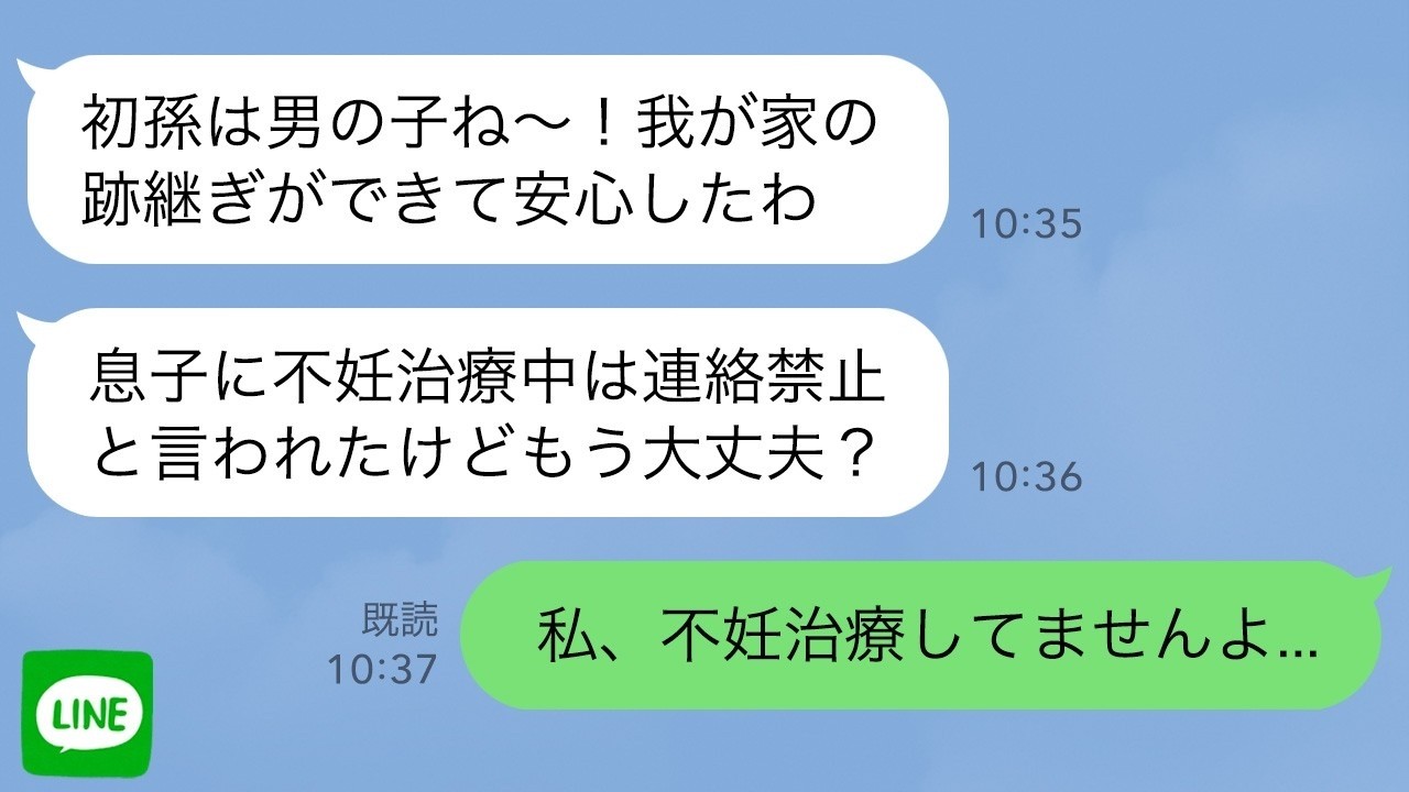 【LINE】不妊の私に姑「初孫は男の子ね！跡継ぎができて安心したわ」→私が妊娠すらしてないことを話すと義母は突然慌て始めて…