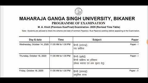 M.A hindi previous/Final year time table| Mgsu exam latest news today |mgsu admit card2020