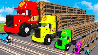 Big & Small Long Mack Truck with Logs vs Trains Thomas | BeamNG.Drive
