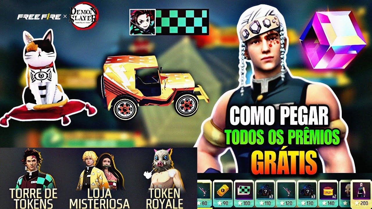 COMO PEGAR TODOS OS PRÊMIOS GRÁTIS DO EVENTO DEMON SLAYER FREE FIRE  FRAGMENTOS DE CUBO MÁGICO 