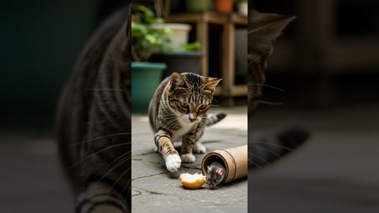 The tabby cat waited for the mouse to come in a thrilling chase 
