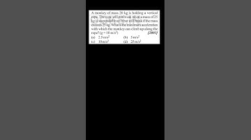 A monkey of mass 20 kg is holding a vertical rope. The rope will not break when a mass of 25 kg is s